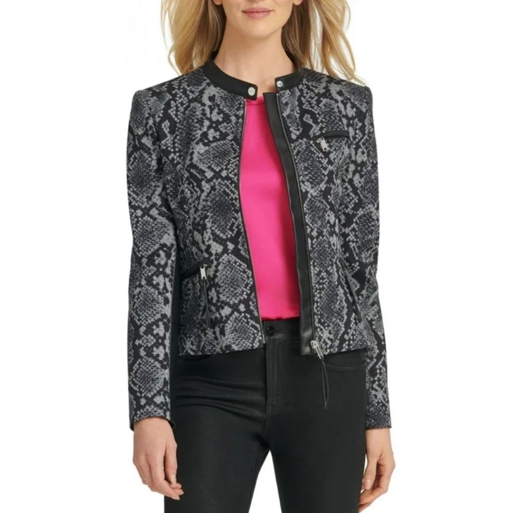 Nwt Dkny Women's Snake-Embossed Faux-Leather-Trim Jacket Gray Size 10
